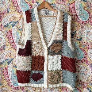 Vintage 80s 90s Knit Vest Brown Tan Cream Heart Cottagecore Eclectic Grandpa EUC